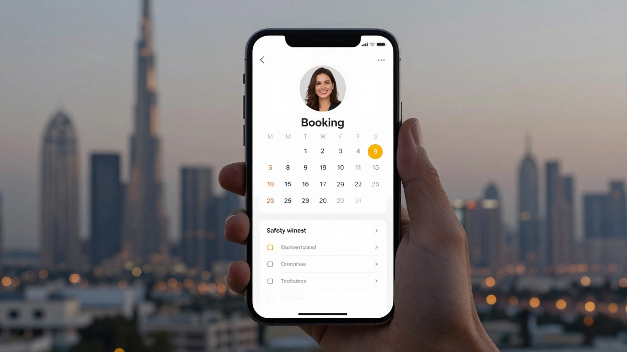 A secure mobile booking interface displays verified profiles and appointment details against a Dubai city backdrop.