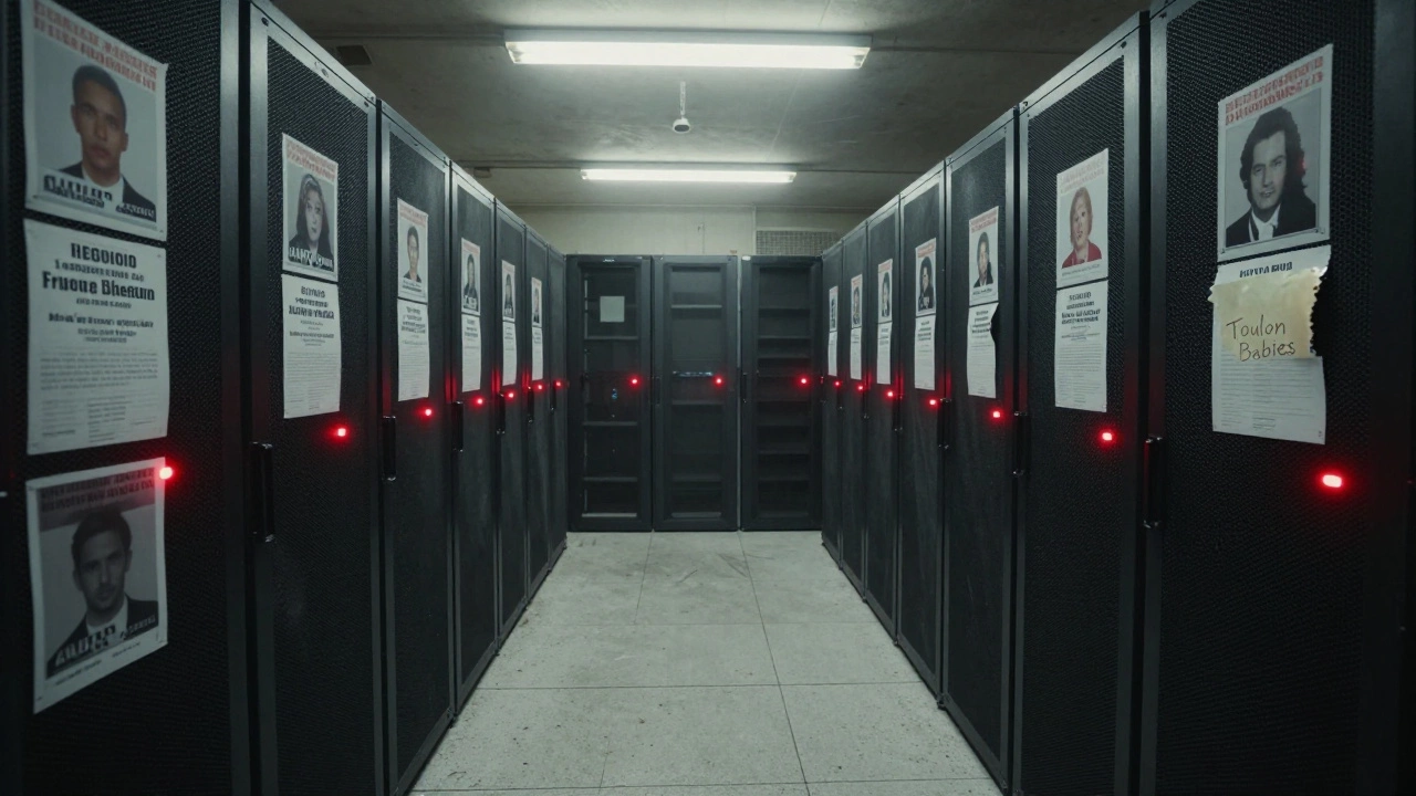 Abandoned server room with printed fake ads and blinking red error lights