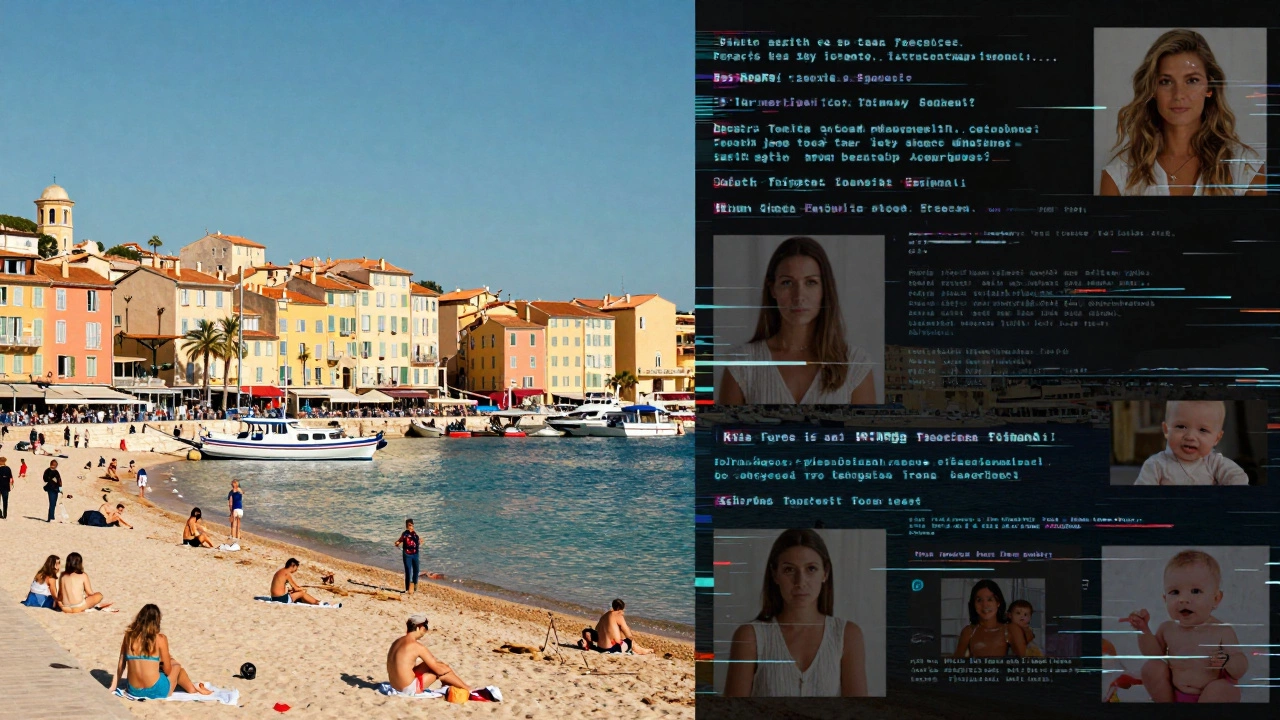 Split image: sunny Toulon port vs. glitching fake ads, symbolizing reality vs. online deception